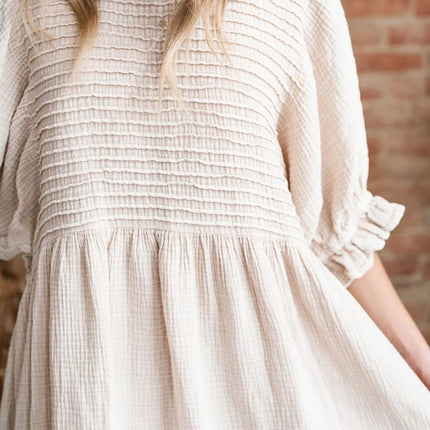 Textured Ruffled Puff Sleeve Loose Dress - Image 7