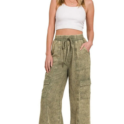 Zenana Washed Linen Elastic Band Waist Cargo Pants - Image 3