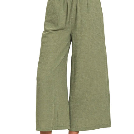 Zenana Woven Crepe Elastic Band Waist Cropped Pants - Image 1