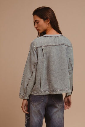 BiBi Mineral Washed Checkered Round Neck Denim Top - Image 3