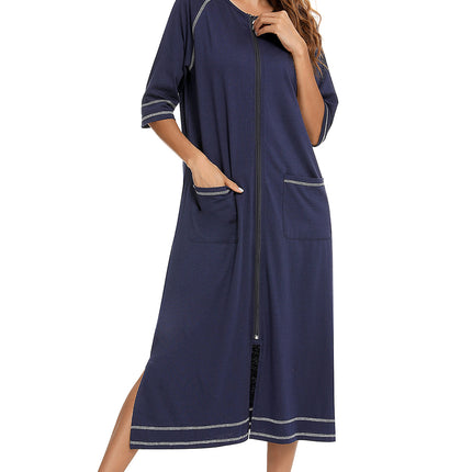 Zip Up Slit Round Neck Night Dress with Pockets - Image 3