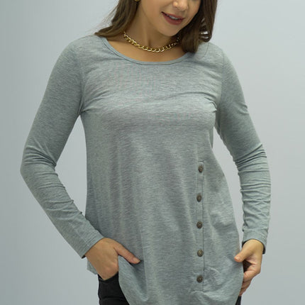 Shiny Buttoned Long Sleeve Round Neck Tee - Image 4