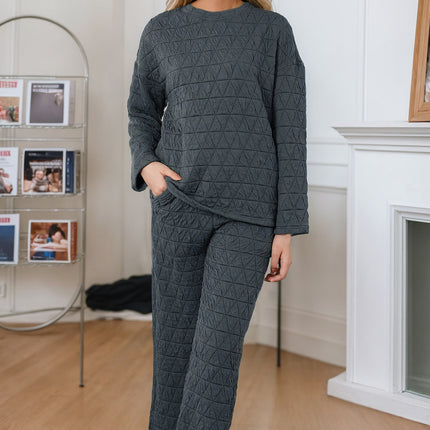 Round Neck Top and Pocketed  Pants Lounge Set - Image 1