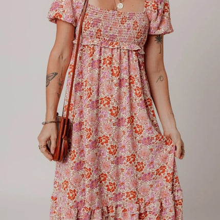 Floral Square Neck Knotted Ruffle Midi Dress - Image 1