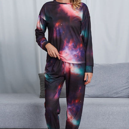 Shiny Tie-Dye Crewneck Top and Drawstring Waist Joggers Lounge Set - Image 1