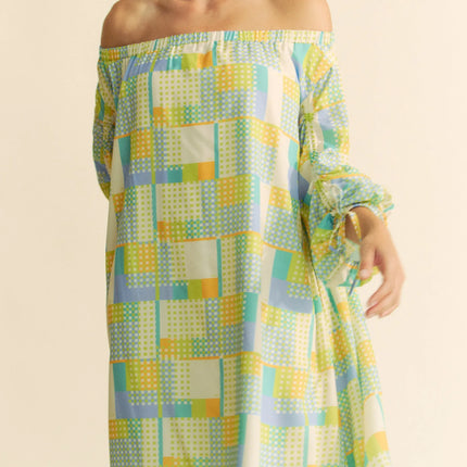 Davi & Dani Printed Off Shoulder Drawstring Sleeve Mini Dress - Image 11