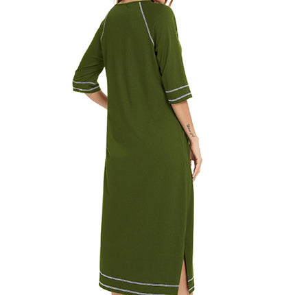 Zip Up Slit Round Neck Night Dress with Pockets - Image 24