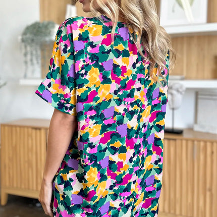 Double Take Full Size Printed V-Neck Short Sleeve Side Slit Top - Image 8