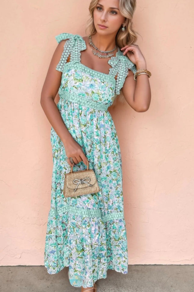 Lace Detail Square Neck Floral Dress