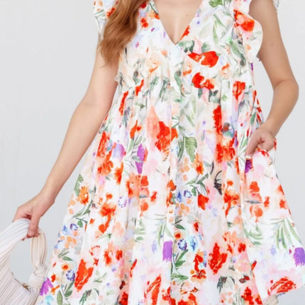 Floral Double Ruffle Sleeve V Neck Mini Dress - Image 1
