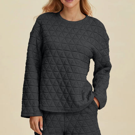 Double Take Full Size Texture Round Neck Long Sleeve Top and Shorts Set - Image 9