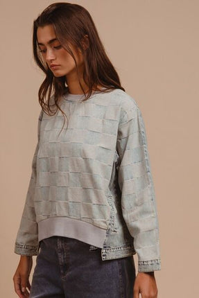 BiBi Mineral Washed Checkered Round Neck Denim Top - Image 2