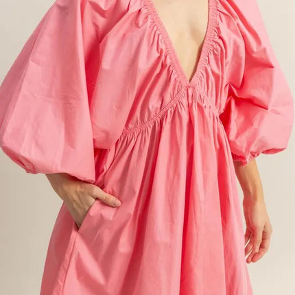 HYFVE Plunge Balloon Sleeve Poplin Mini Dress with Pockets - Image 4