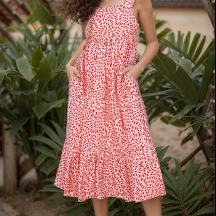 Geometric Print Knot Back Sleeveless Ruffle Hem Dress - Image 1