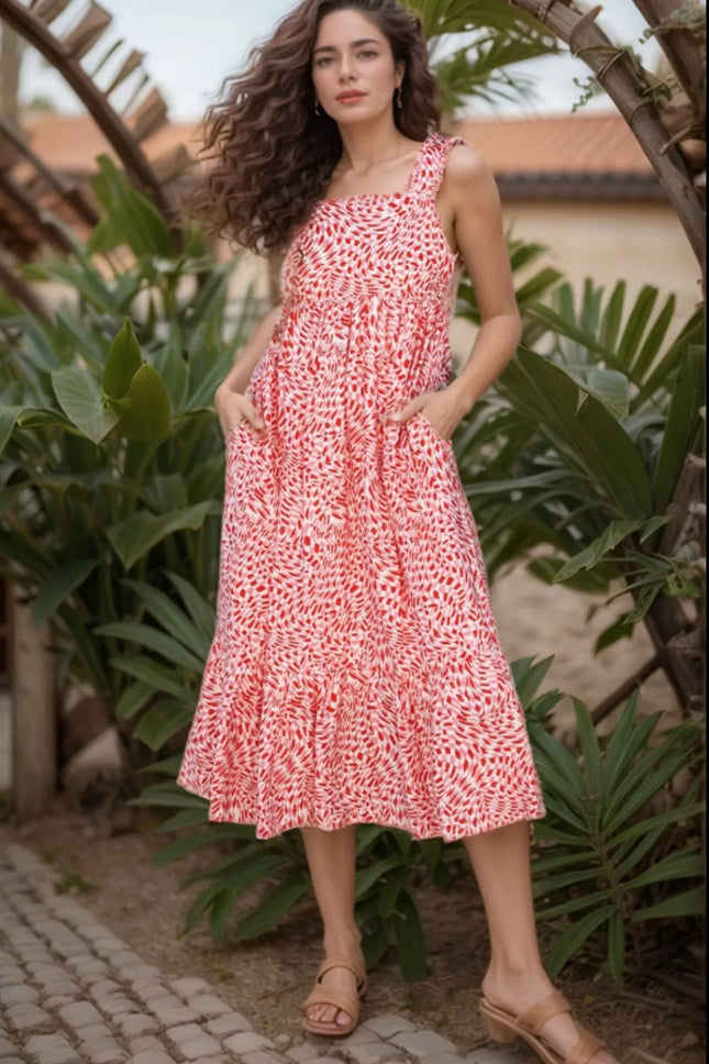 Geometric Print Knot Back Sleeveless Ruffle Hem Dress