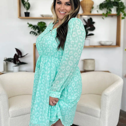 Double Take Full Size Printed Ruched V-Neck Long Sleeve Dress - Image 9