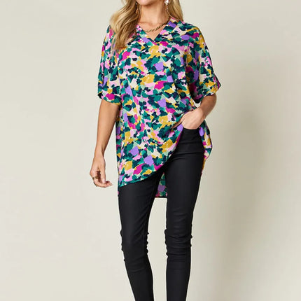 Double Take Full Size Printed V-Neck Short Sleeve Side Slit Top - Image 6