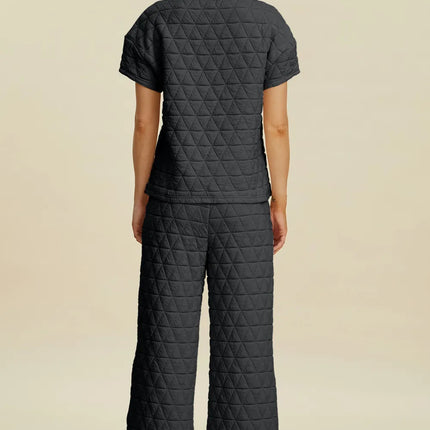 Double Take Full Size Texture Round Neck Short Sleeve Top and Pants Set - Image 3