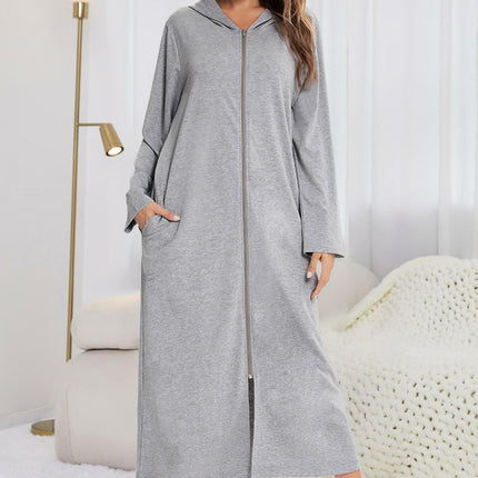 Zip Front Hooded Night Dress with Pockets - Image 1
