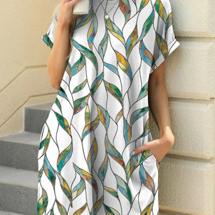 Printed Round Neck Short Sleeve Mini Dress - Image 1