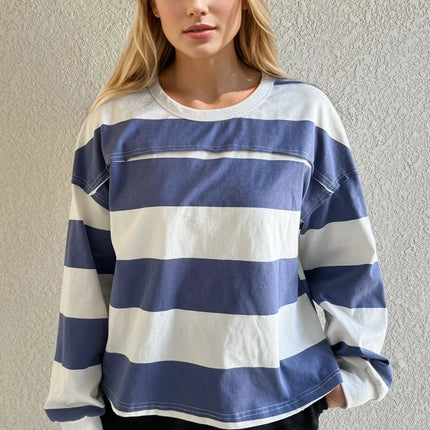 Oh Pima Cotton Wash Exposed Seam Contrast Striped Round Neck Long Sleeve T-Shirt - Image 2