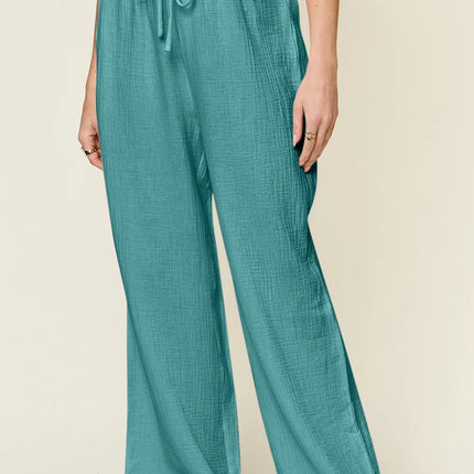 Double Take Full Size Texture Drawstring Wide Leg Pants - Image 19