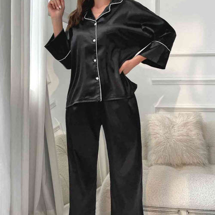 Contrast Piping Button-Up Top and Pants Pajama Set - Image 4