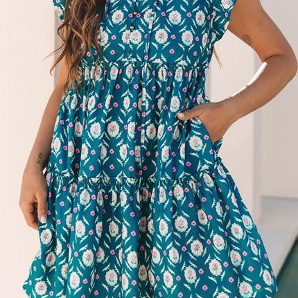 Printed Tie Neck Ruffled Cap Sleeve Dress - Image 6