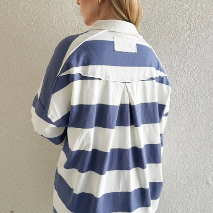 Oh Pima Cotton Wash Wide Striped Collared Neck Long Sleeve Top - Image 3