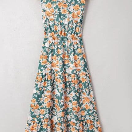 Floral Print Trimmed V Neck Tie Waist Sleeveless Dress - Image 8