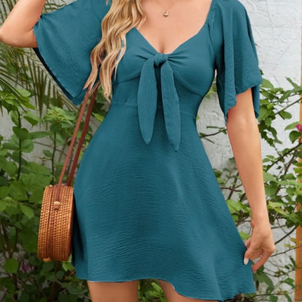 Smocked Back Knotted Flutter Sleeve Dress - Image 20