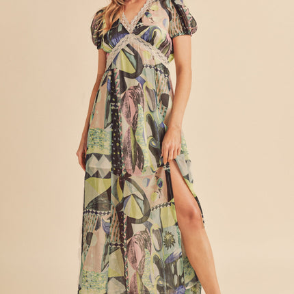 Aemi + Co Lace Detail Slit Geometric Print Short Sleeve Maxi Dress - Image 8