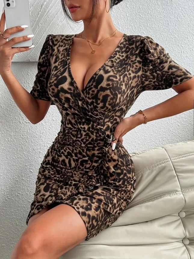 Ruffled Leopard Short Sleeve Mini Dress