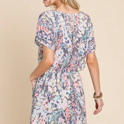 BOMBOM Printed Short Sleeve Drawstring Romper - Image 2