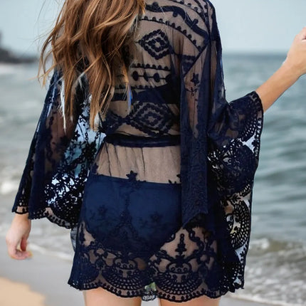 Lace V-Neck Three-Quarter Sleeve Cover Up - Image 2