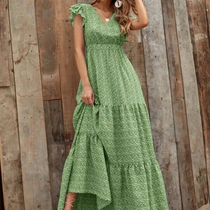 Printed V-Neck Ruffled Cap Sleeve Maxi Dress - Image 15