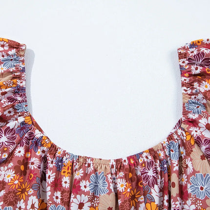 Floral Puff Sleeve Square Neck Knot Open Back Mini Dress - Image 9