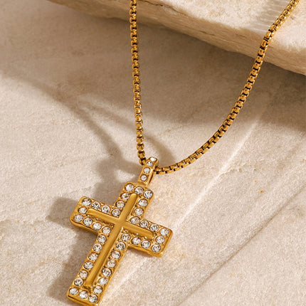18K Gold-Plated Inlaid Zircon Cross Necklace - Image 3