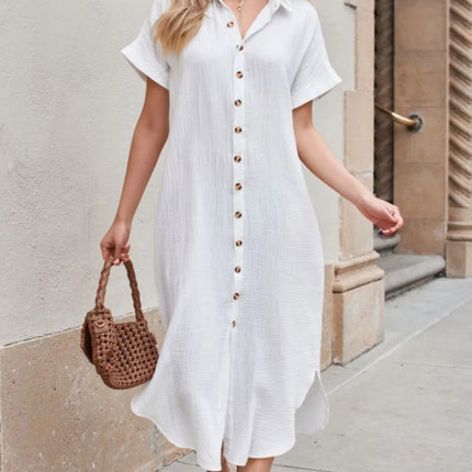 Button Down Short Sleeve Midi Shirt Dress - Image 1