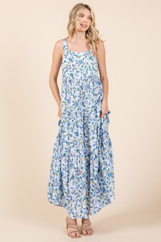 Mittoshop Flower Print Tiered Sleeveless Empire Maxi Dress