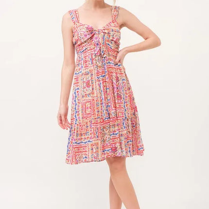 And The Why Tied Front Smocked Back Tiered Boho Printed Dress - Image 8