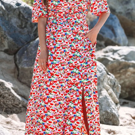 Floral Half Sleeve Deep V Neck Cutout Back Maxi Dress - Image 5