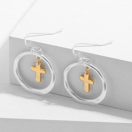 Brass Contrast Cross Dangle Earrings - Image 4