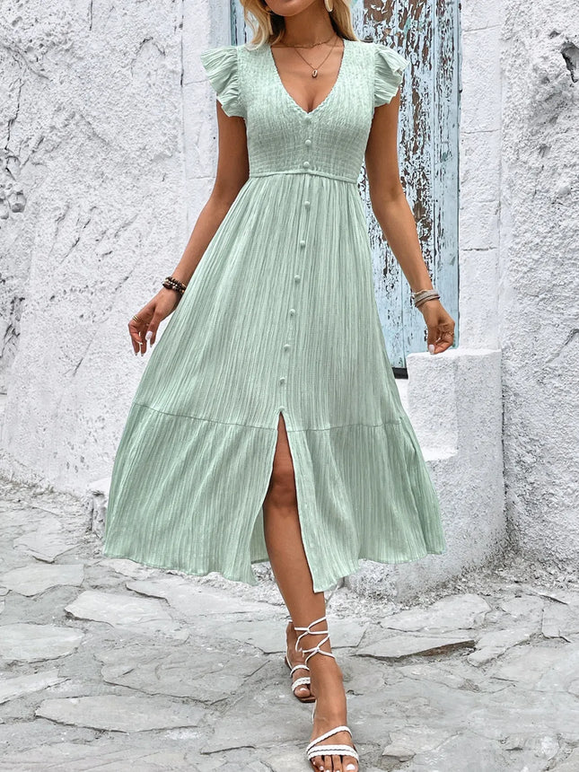 V-Neck Ruffled Cap Sleeve Dress