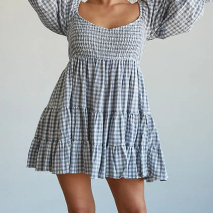 Ruffled Hem Plaid Half Sleeve Mini Dress - Image 3