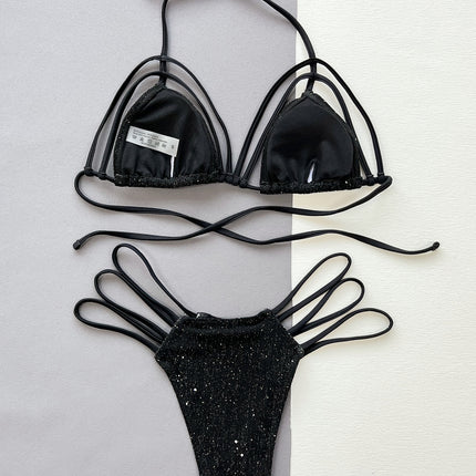 Glitter Halter Neck Strappy Two-Piece Bikini Set - Image 4