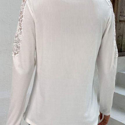Shiny Spliced Lace Notched Neck Top - Image 2