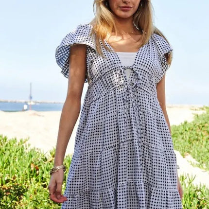 Davi & Dani Jacquard V-Neck Flutter Cap Sleeve Tiered Dress - Image 1