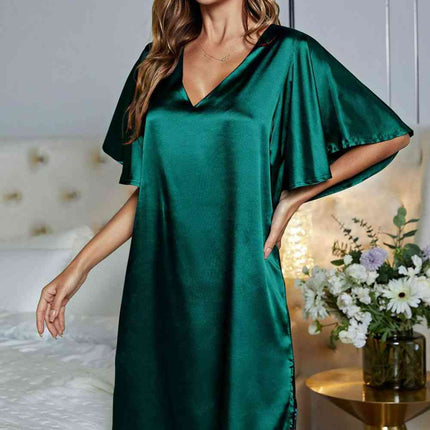 Satin Flutter Sleeve Side Slit V-Neck Night Dress - Image 7