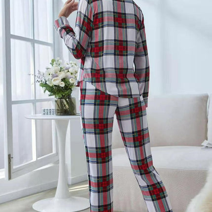 Plaid Button Front Top and Pants Lounge Set - Image 2